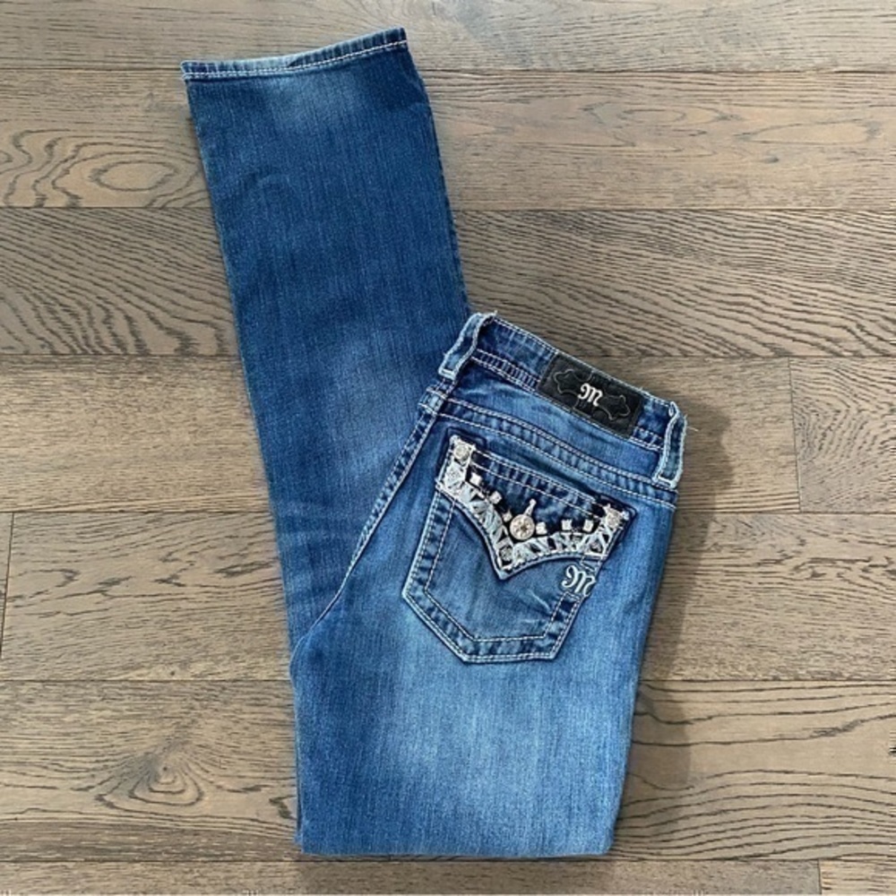 Miss Me Rhinestone Sequin Pocket Signature Slim Bootcut Jeans